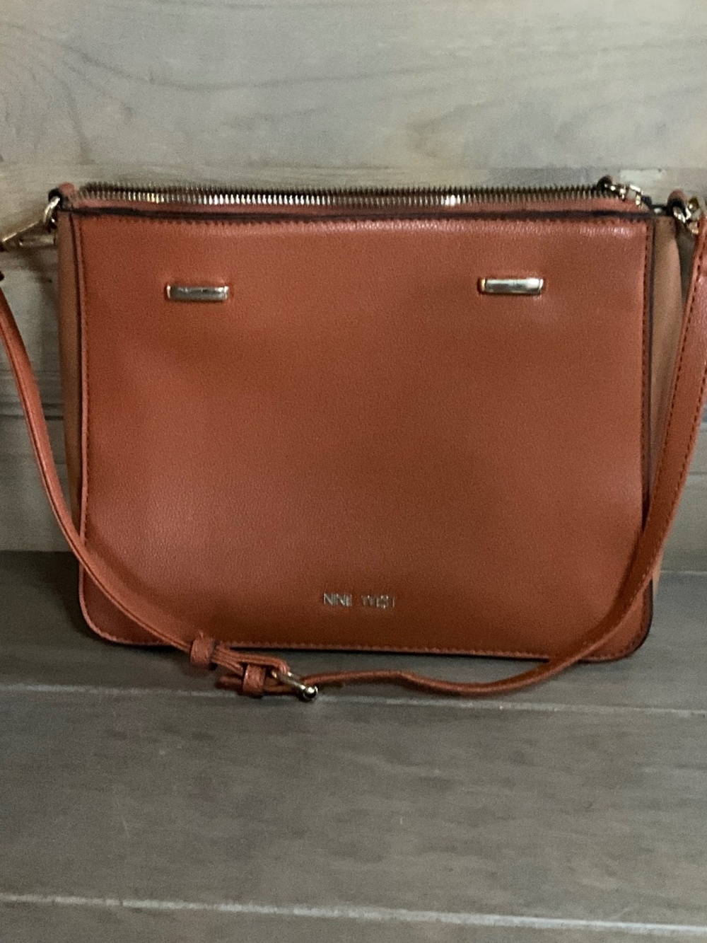 Nine West Structured Shoulder Bag Dark Brown Cognac Gold Tone Multi Compartment